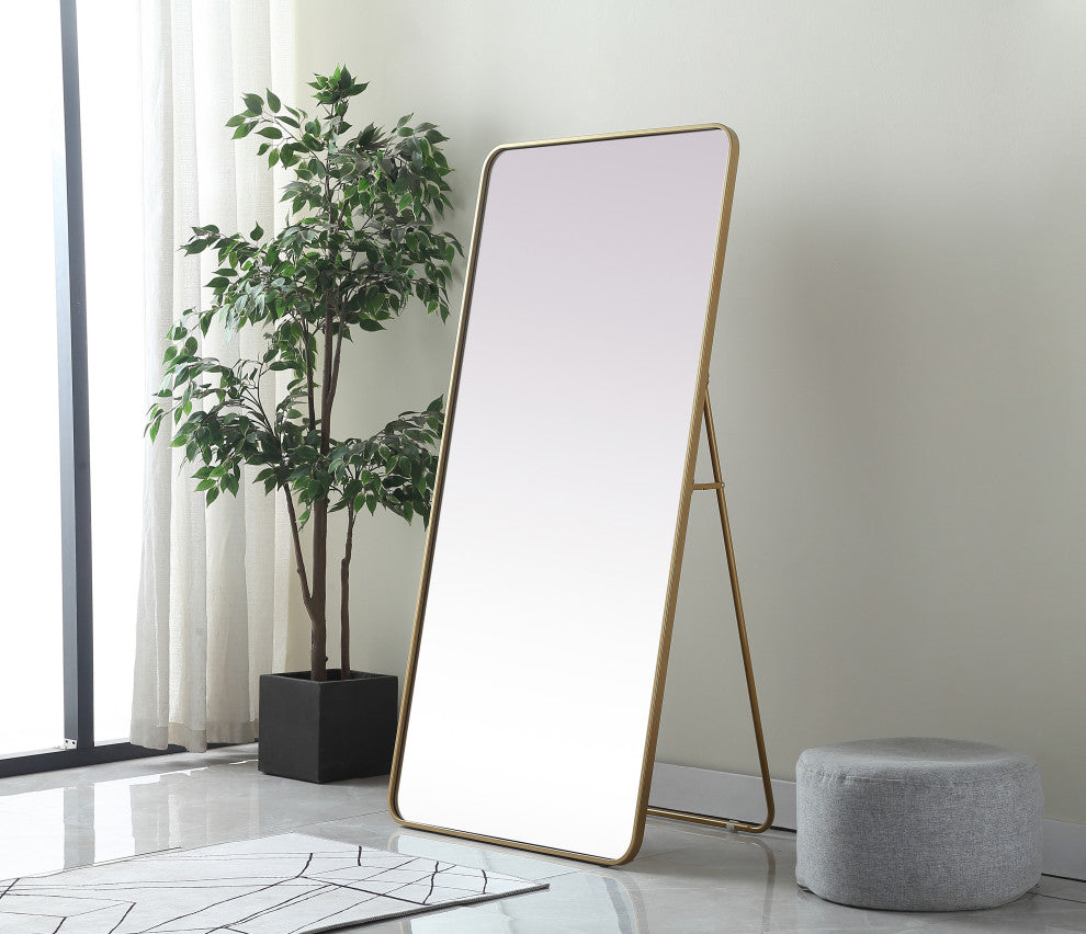 Soft Corner Metal Rectangle Full Length Mirror 30X60 Inch, Brass