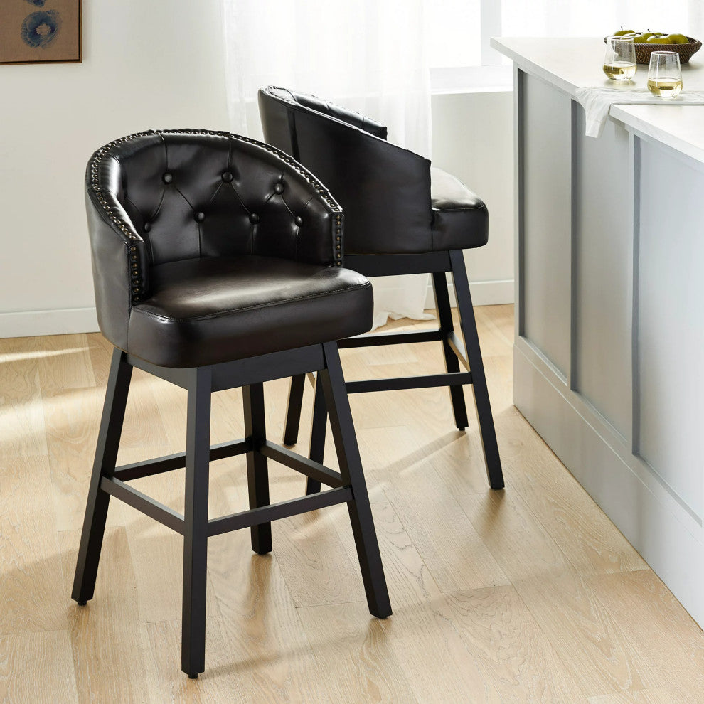 Set of 2 Bar Stool, Oversized Seat With Curved Button Tufted Back & Sloped Arms