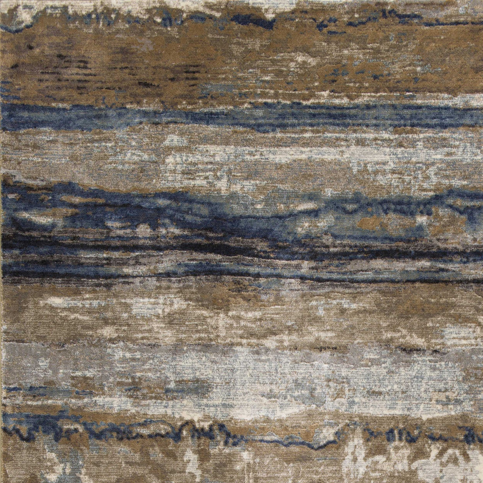 HomeRoots 5' x 8' Ivory or Blue Abstract Brushstrokes Viscose Indoor Area Rug