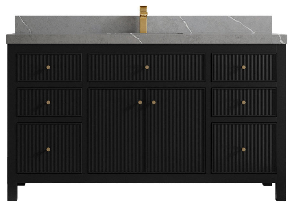 Sonoma 60 Single Sink Reeded Bathroom Vanity in Black 2" Piatra Gray
