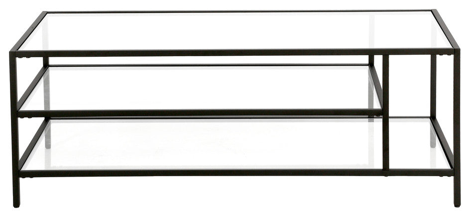 46" Black Glass And Steel Coffee Table With Two Shelves