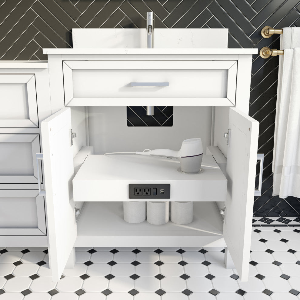 Terrence 84" Vanity with Power Bar and Drawer Organizer, White