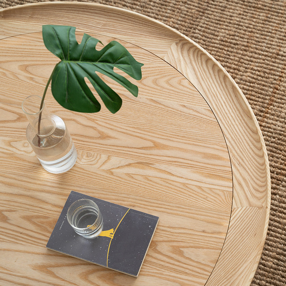 2-Tiered Japandi Round Wood Coffee Table With Rattan Base