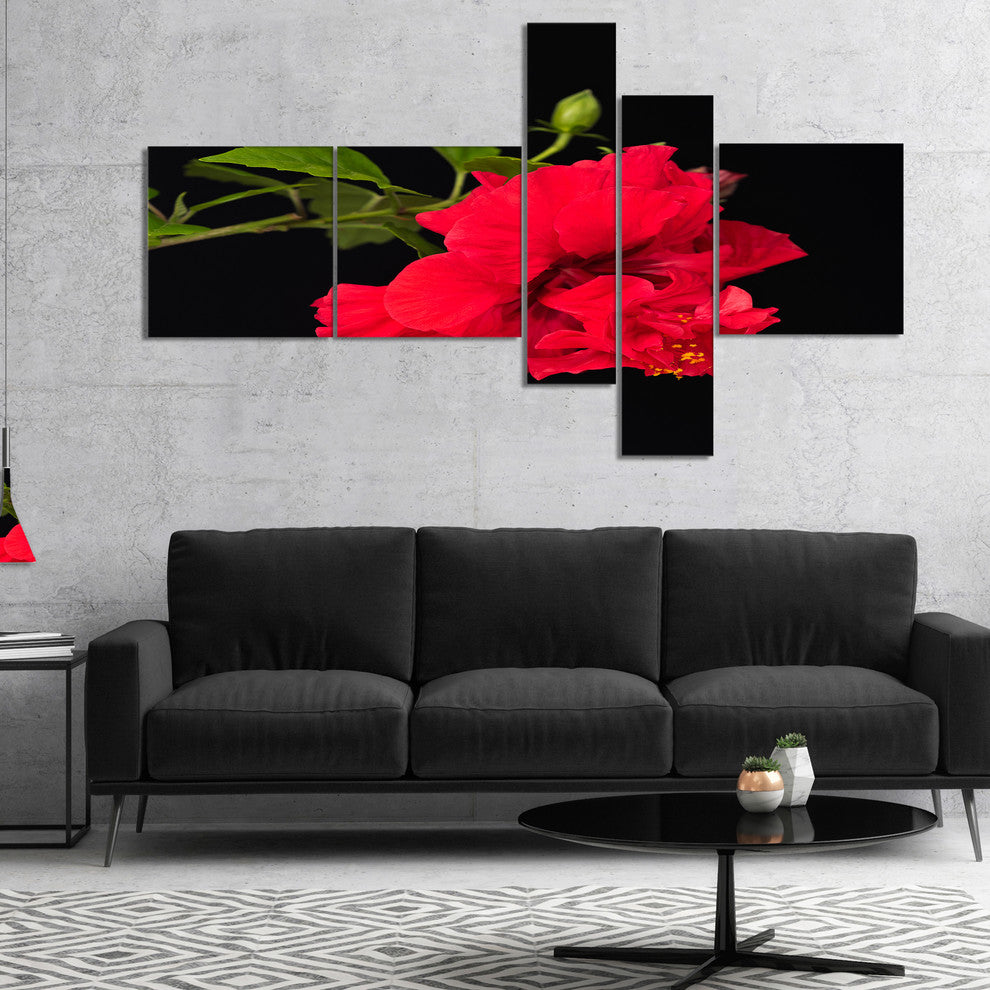 Bright Red Hibiscus on Black, Floral Canvas Art Print, 60"x32", 5 panels