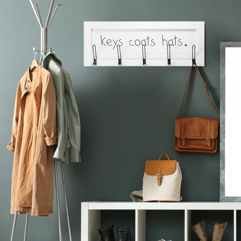 Addie Joy Wood Coat and Key Holder Plaque with Hooks - Distressed White