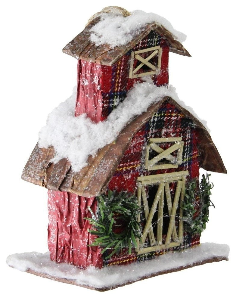 5" Classic Red Plaid Glitter Snow Covered Barn Christmas Ornament