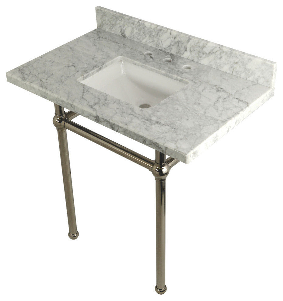 36X22 Marble Vanity Top w/Brass Console Legs, Carrara Marble/Polished Nickel