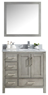 36" Distressed Grey Single Vanity,Marble Top,Sink & 34" Mirror - Right Version