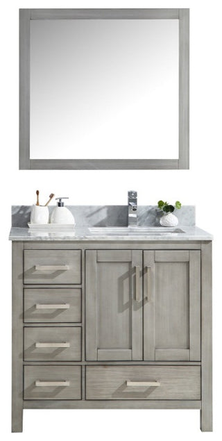 36" Distressed Grey Single Vanity,Marble Top,Sink & 34" Mirror - Right Version