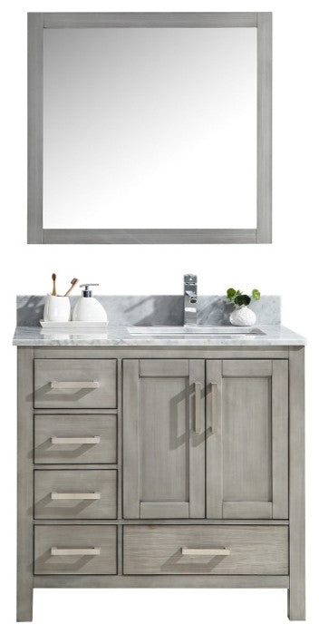 36" Distressed Grey Single Vanity,Marble Top,Sink & 34" Mirror - Right Version