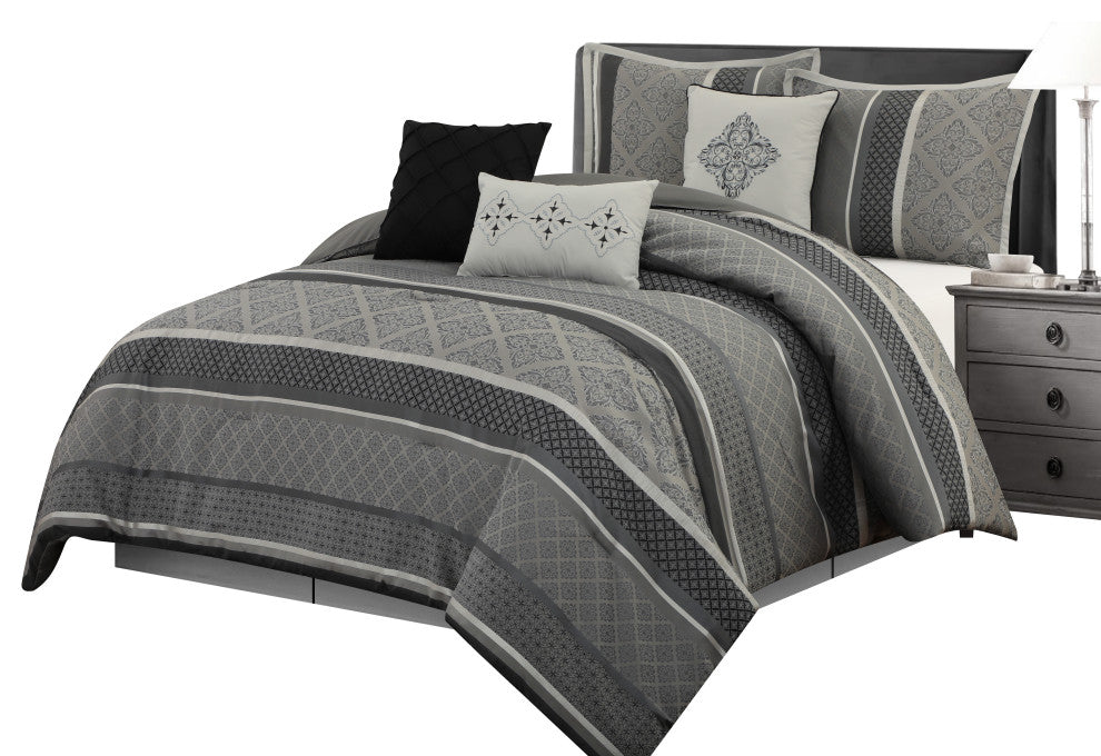 Tefia 7 Piece Comforter Set, Grey, Queen