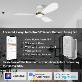 CARRO 52" Flush Mount Ceiling Fan with Dim Light and Remote 10 Speed, White/Gold