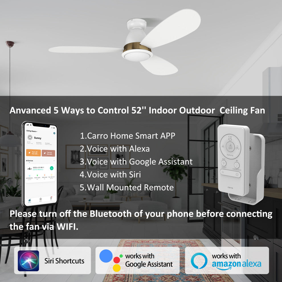 CARRO 52" Flush Mount Ceiling Fan with Dim Light and Remote 10 Speed, White/Gold