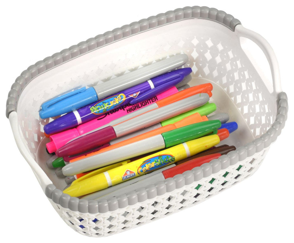 Rattan Plastic Weave Storage Bin, White, Small, 6-Pack