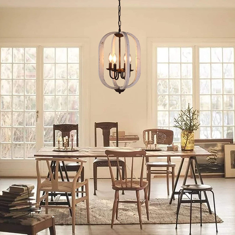 4 Light Wood Chandelier Mini Hanging Pendant Lighting With Retro White Finish