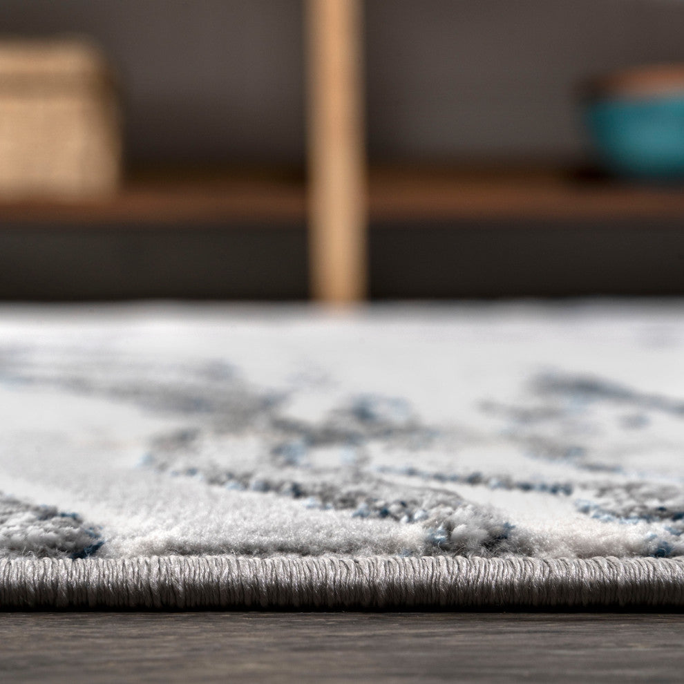 Swirl Marbled Abstract Area Rug, Gray/Blue, 2'x8'