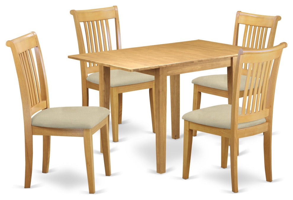 5Pc Kitchen Set, Table, 4 Chairs, Linen Fabic Seat, Slat Back, Oak