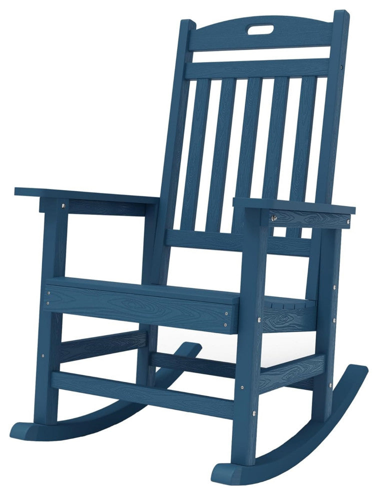 Weatherproof Outdoor Rocking Chair With High Back and Wood Look Finish, Navy Blue