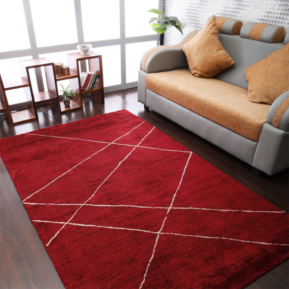HAND KNOTTED LOOM SILK ECO-FRIENDLY AREA RUGS-Red Color,Geometric Design, [Rectangle] 8'x10'