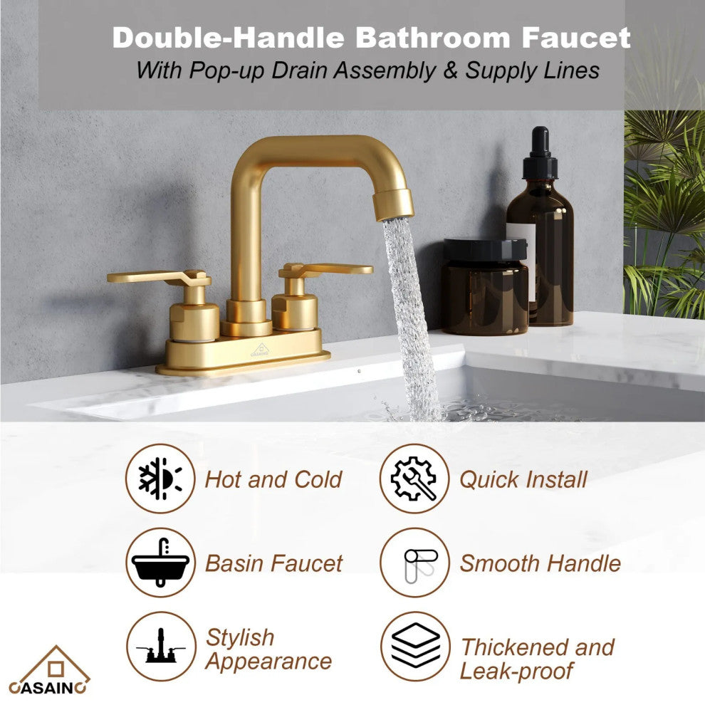 Bathroom Sink Faucets 2 Handle Centerset Faucets for 3 Hole Drain Brushed Gold