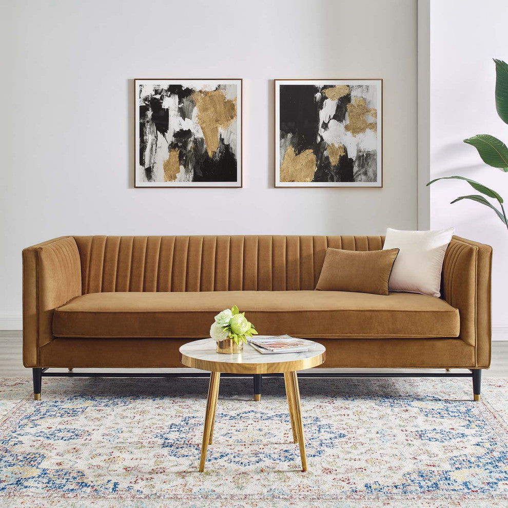 Tufted Sofa, Velvet, Brown, Modern, Living Lounge Room Hotel Lobby Hospitality