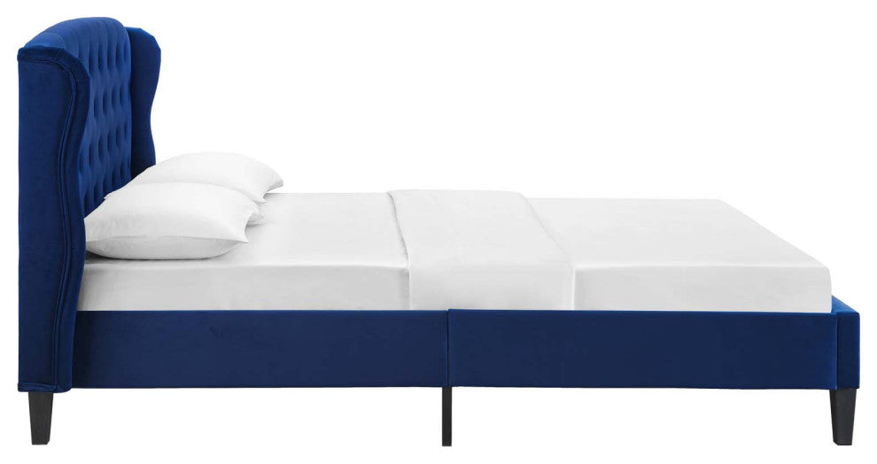 Penelope Tufted Wingback Queen Performance Velvet Platform Bed-Navy