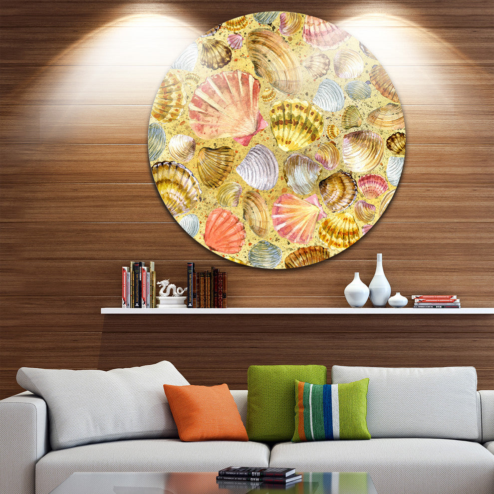 Seashell And Sea Sand, Sea And Shore Painting Disc Metal Artwork, 11"