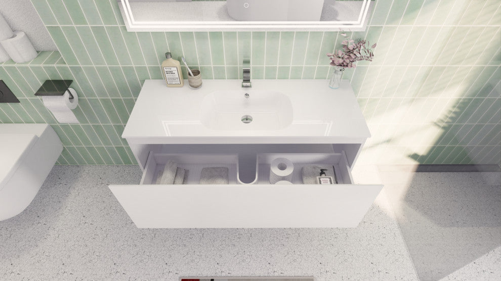AIPO Wall-Mount Vanity Set With LED Mirror, Faucet, Drain, Matte White, 48" Sing