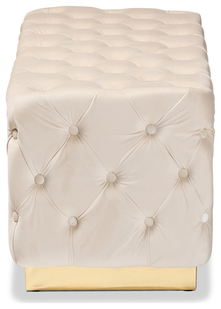 Glam and Luxe Beige Velvet Fabric Upholstered and Gold PU Leather Ottoman