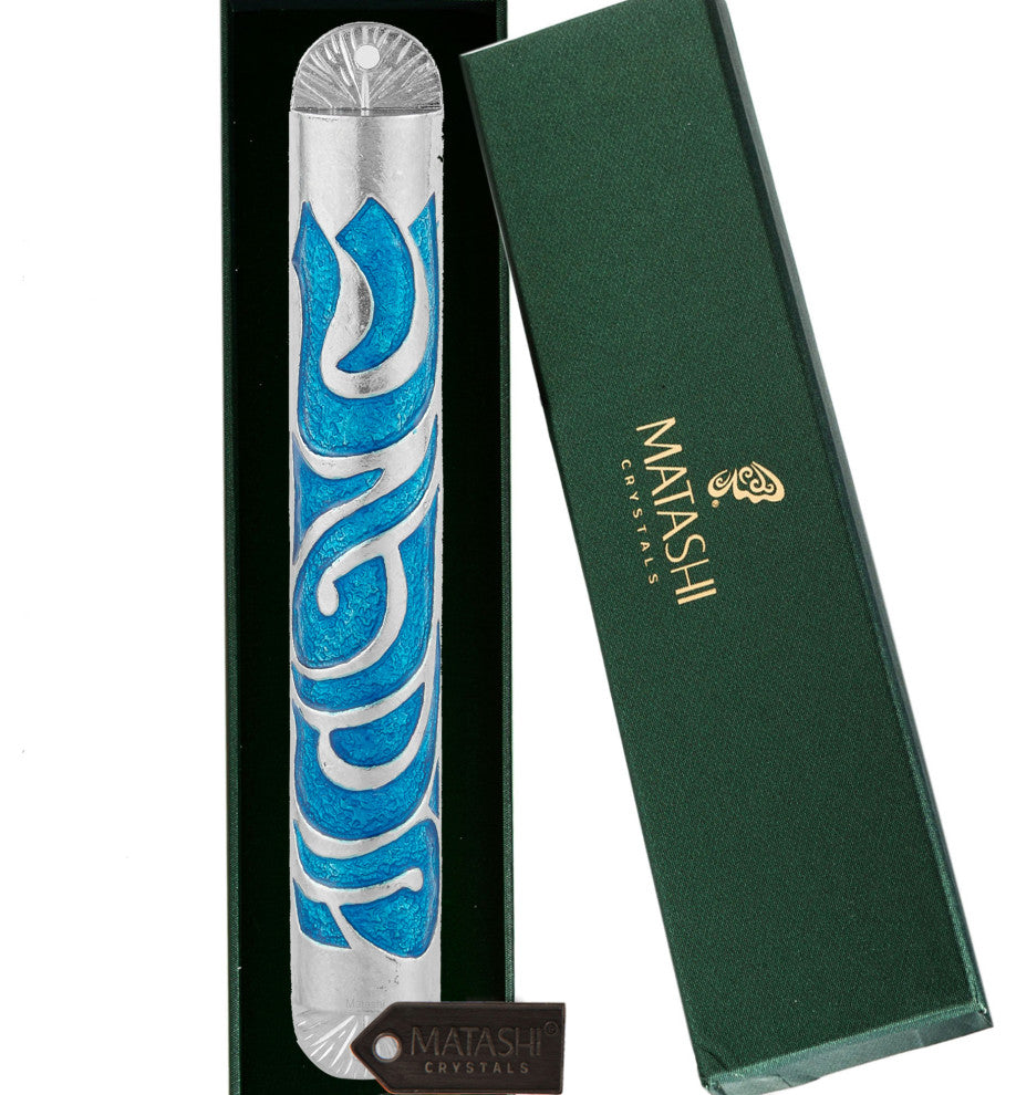 Matashi Hand Painted Blue Enamel 6'' Mezuzah