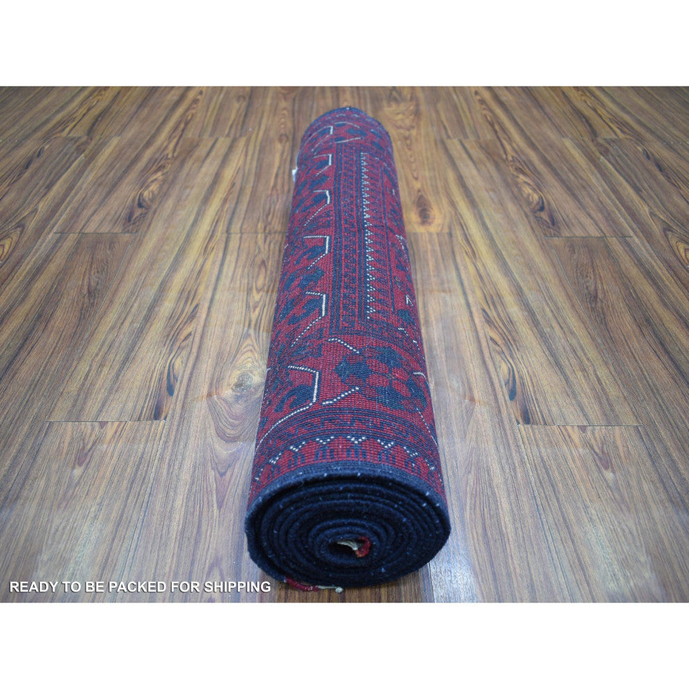 Deep Red, Afghan Khamyab, Soft Wool Hand Knotted Runner Rug, 2'7"x13'0"