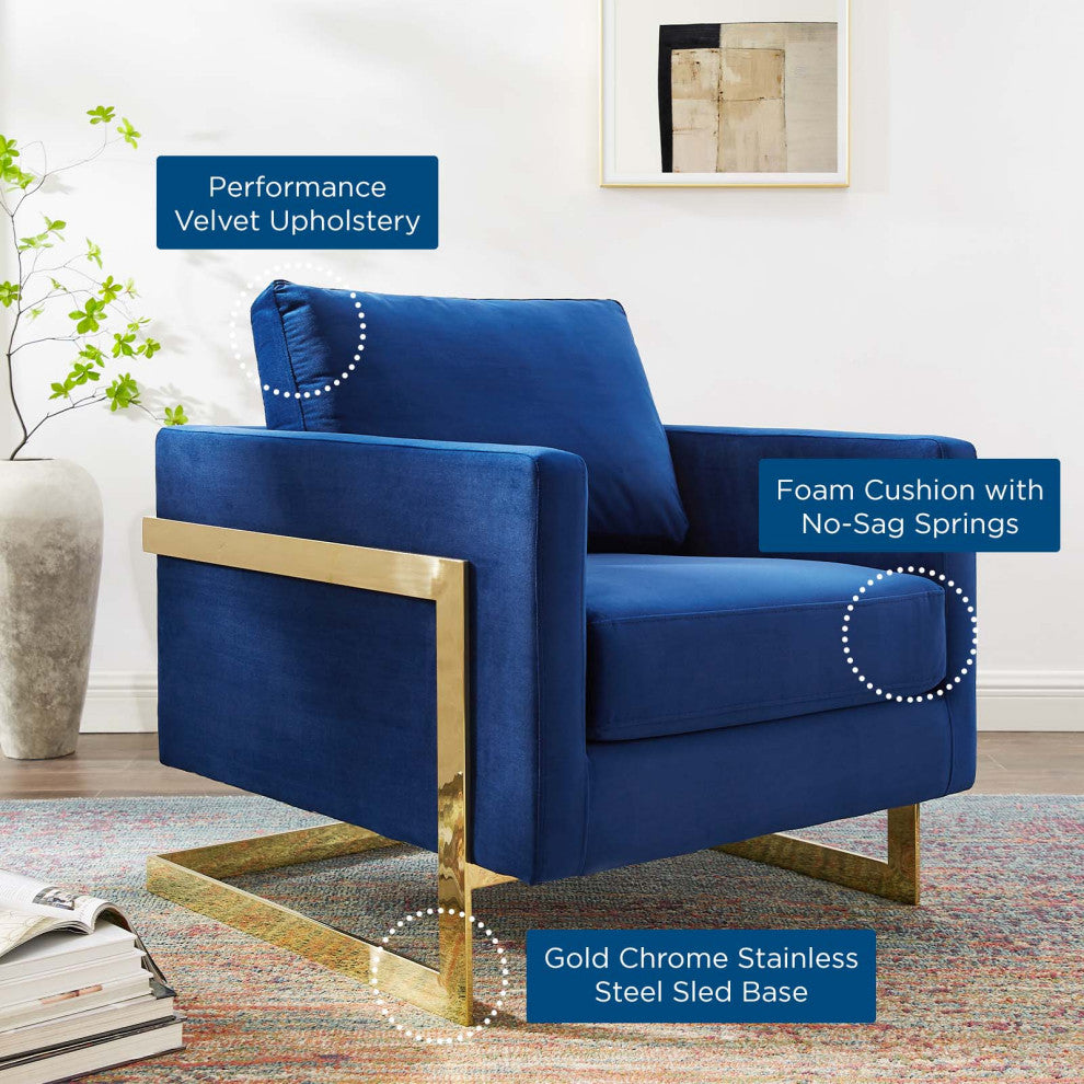 Accent Chair, Velvet, Metal, Gold Blue Navy, Modern, Living Lounge Hospitality