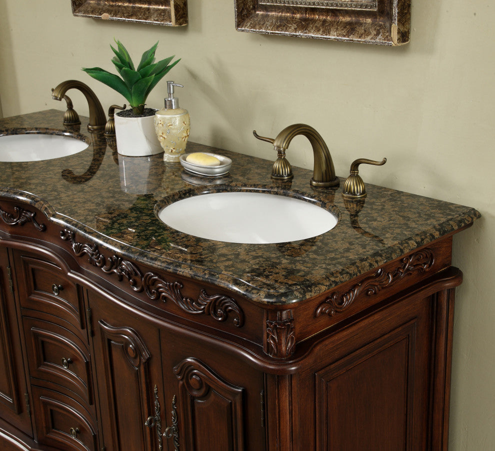 Cassandra 60" Dark Cherry Double Sink Bathroom Vanity, Baltic Brown Granite Top
