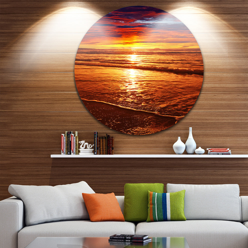 Colorful Sunset Mirrored In Waters, Beach Round Metal Wall Art, 23"
