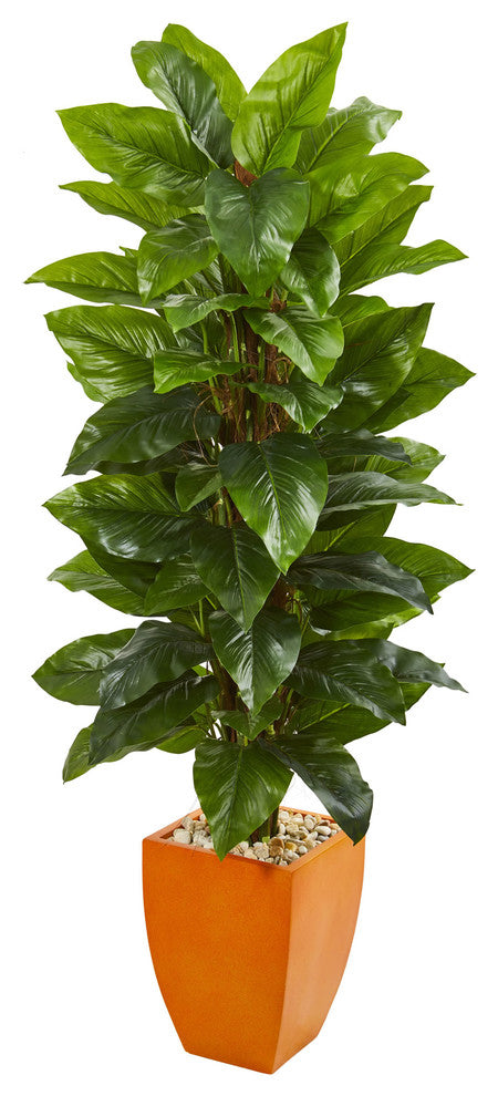 5.5" Large Leaf Philodendron Artificial Plant in Orange Planter (Real Touch)