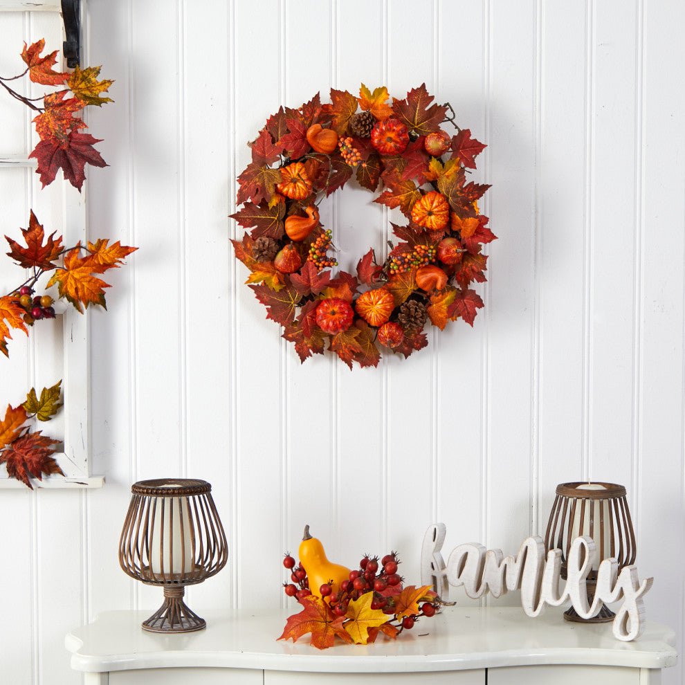 24" Autumn Maple Leaves, Pumpkin, Pinecone and Berries Artificial Fall Wreath