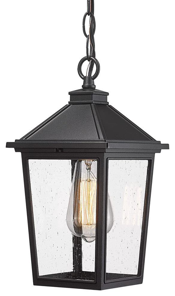 Farmhouse Exterior Hanging Porch Light, Black Chandelier, Seeded Glass Shade