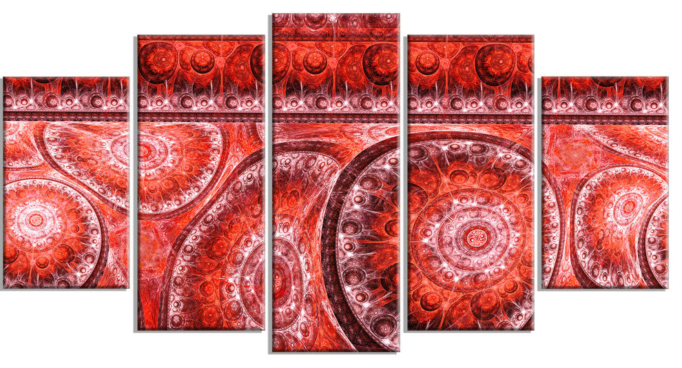 Red Living Cells Fractal Design, Abstract Canvas Art Print, 60"x32", 5 Panels