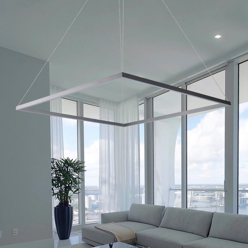 39" Atria LED Square Chandelier, Adjustable Suspension Fixture, Silver