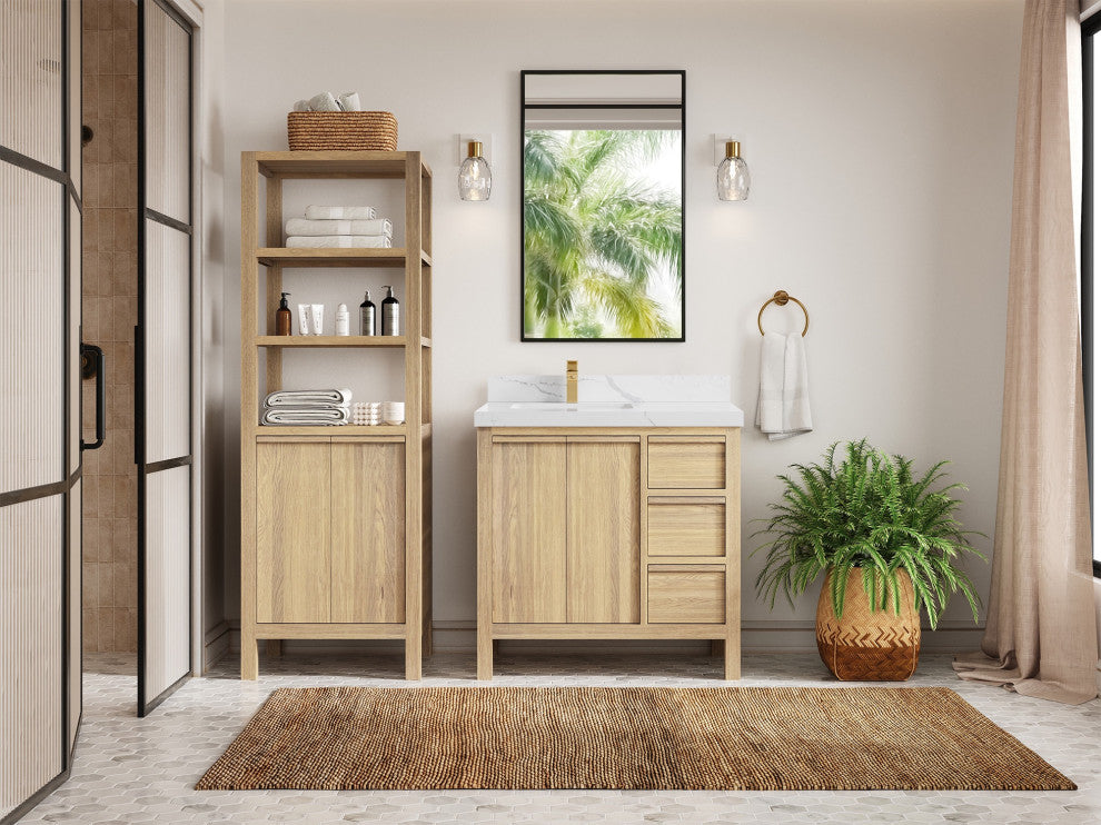 Elizabeth Oak 36" Left Offset Sink Vanity, White 2" Calacatta Laza