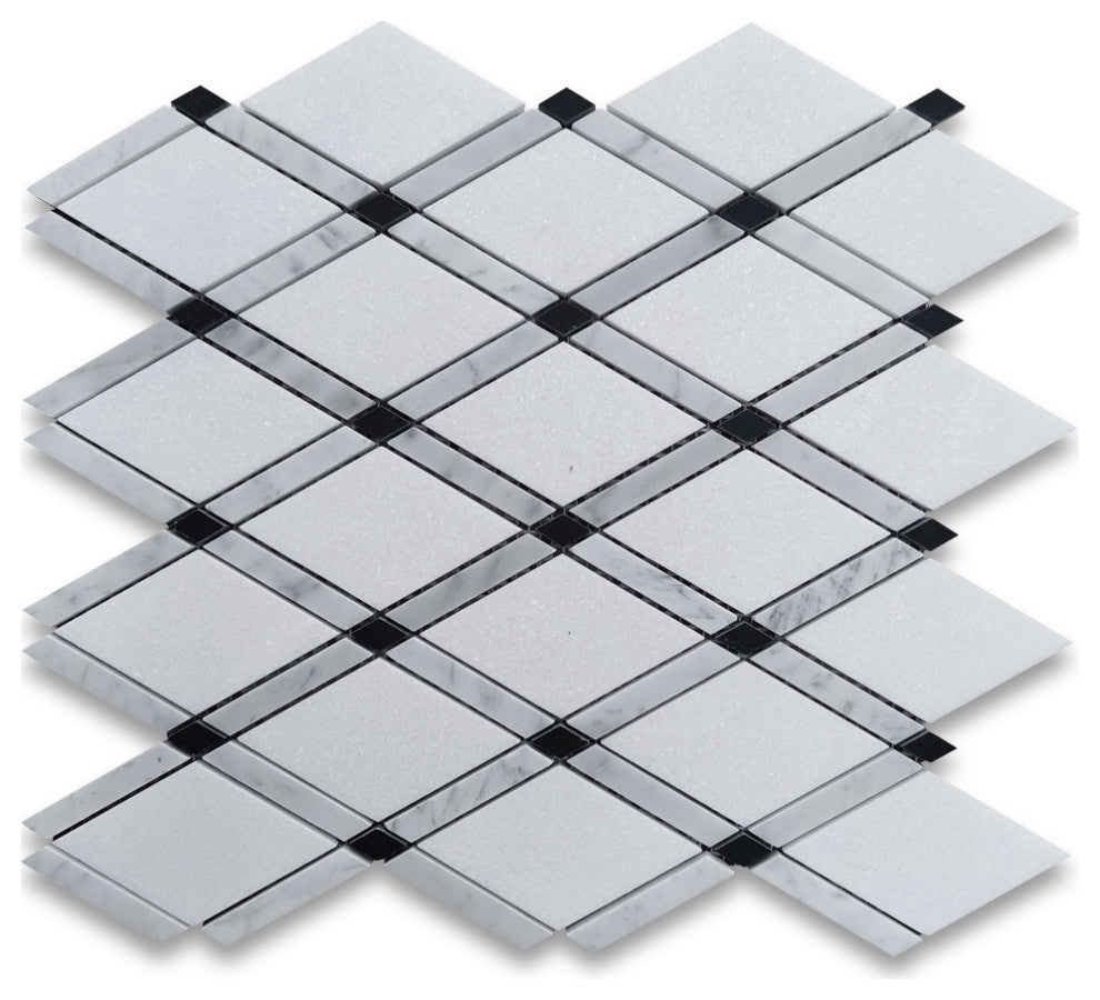 Thassos White Marble Diamond Lattice Mosaic Tile White Marquina Black, 1 sheet