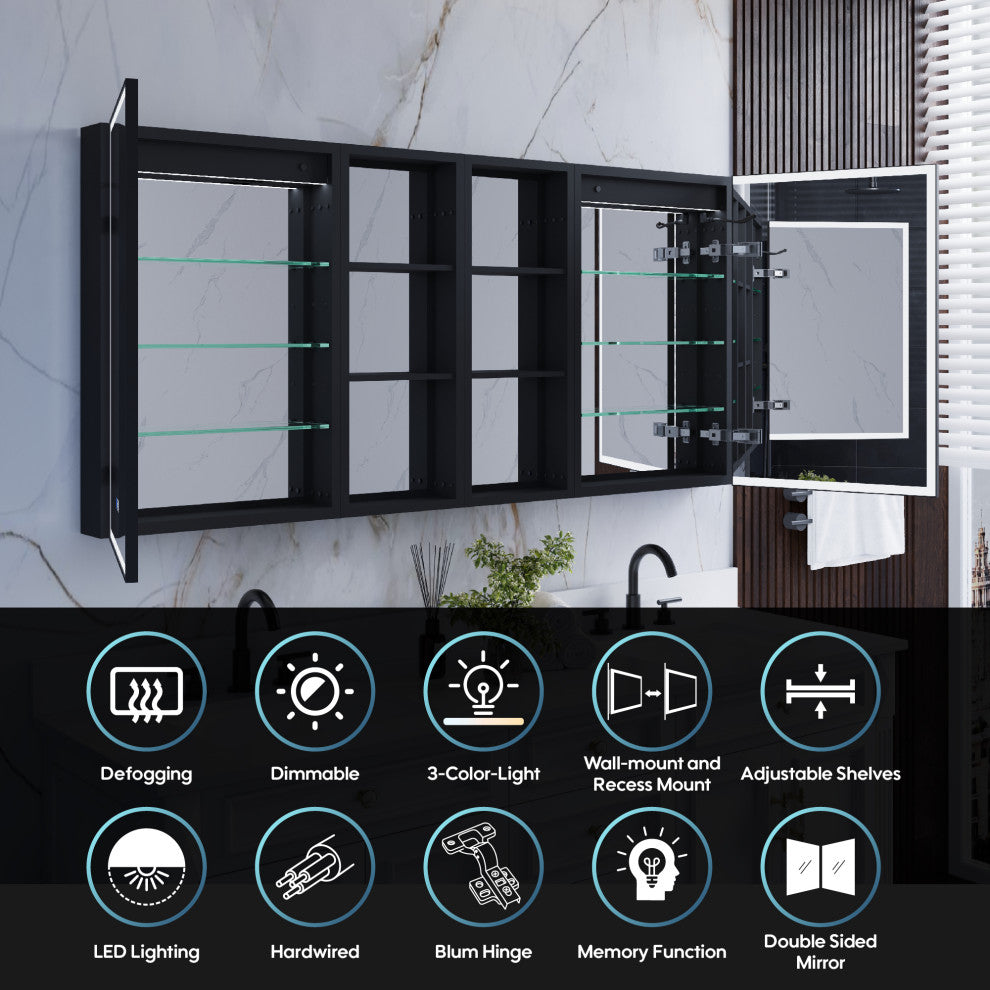 Framed LED Medicine Cabinet Recessed/Surface Mount, Dimmable, Anti-fog, Black, 64"x30" Left/Right Door, 2 Side Cabinets