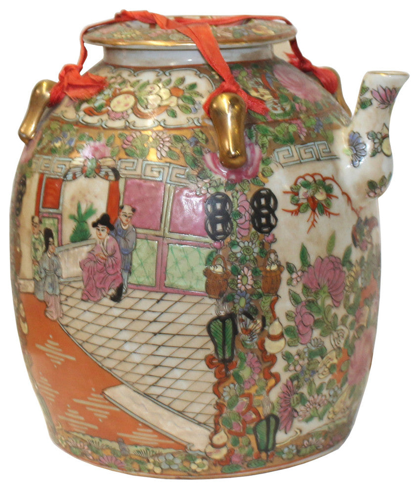 Chinese Oriental Porcelain People Scenery Teapot Shape Container Decor Hws781