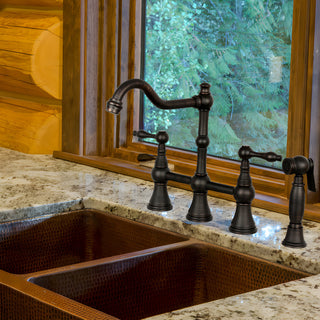 Two-Handles Copper Bridge Kitchen Faucet with Side Sprayer, Oil Rubbed Bronze