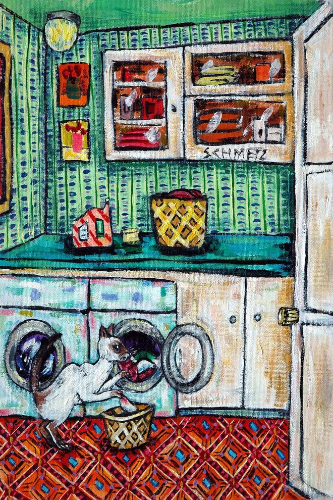 "Cat Siamese Laundry" Painting Print on Wrapped Canvas, 40"x60"