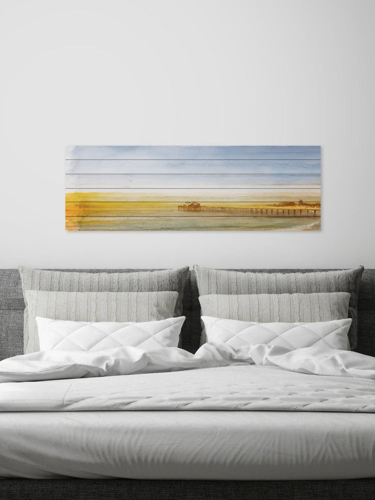 "Malibu Pier" Print on White Wood, 60"x20"
