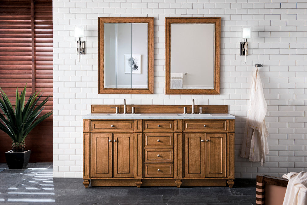 Bristol 72" Double Vanity Bright White, Saddle Brown, Eternal Jasmine Pearl, Three-Hole