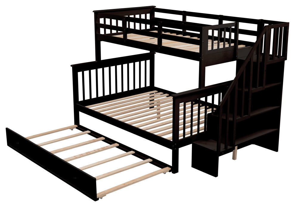 Gewnee Wood Twin-Over-Full Bunk Bed with Trundle and Stairway, Espresso