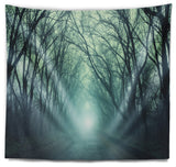 Fall Forest Path with Green Light Landscape Photography Wall Tapestry, 80"x68"