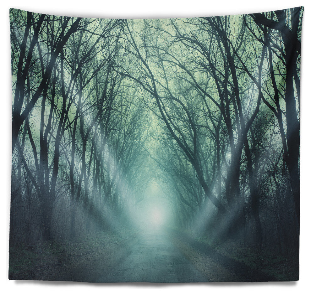 Fall Forest Path with Green Light Landscape Photography Wall Tapestry, 80"x68"
